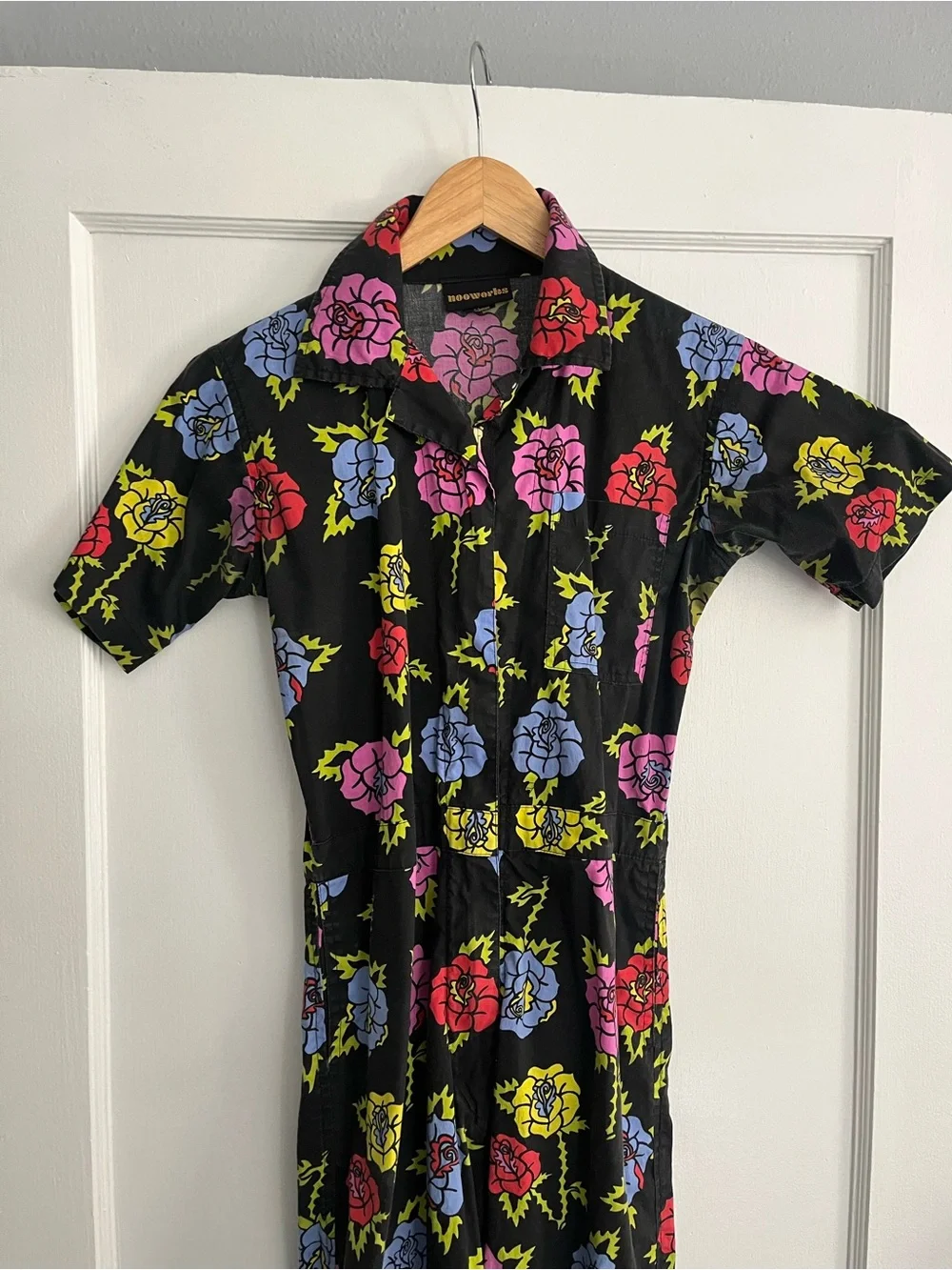 Nooworks Black Floral Jumpsuit with Pink, Blue & Yellow Roses - Picture 1 of 9
